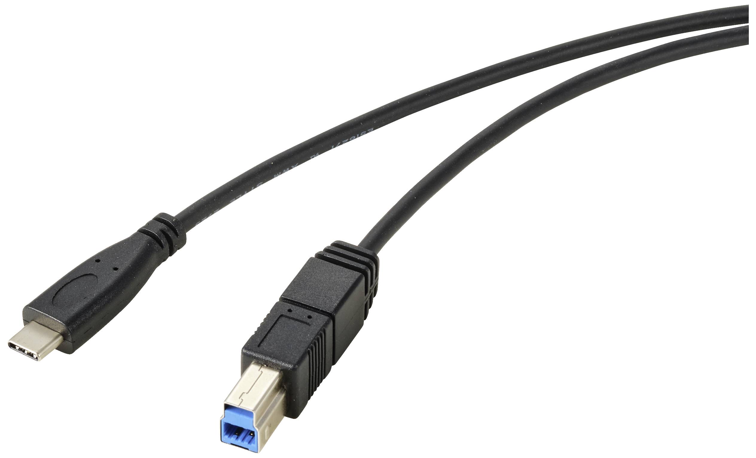 Egy USB-kábel USB-C csatlakozóval és USB-B csatlakozóval, amelyet eszközök, például nyomtatók vagy külső merevlemezek csatlakoztatásához használnak.