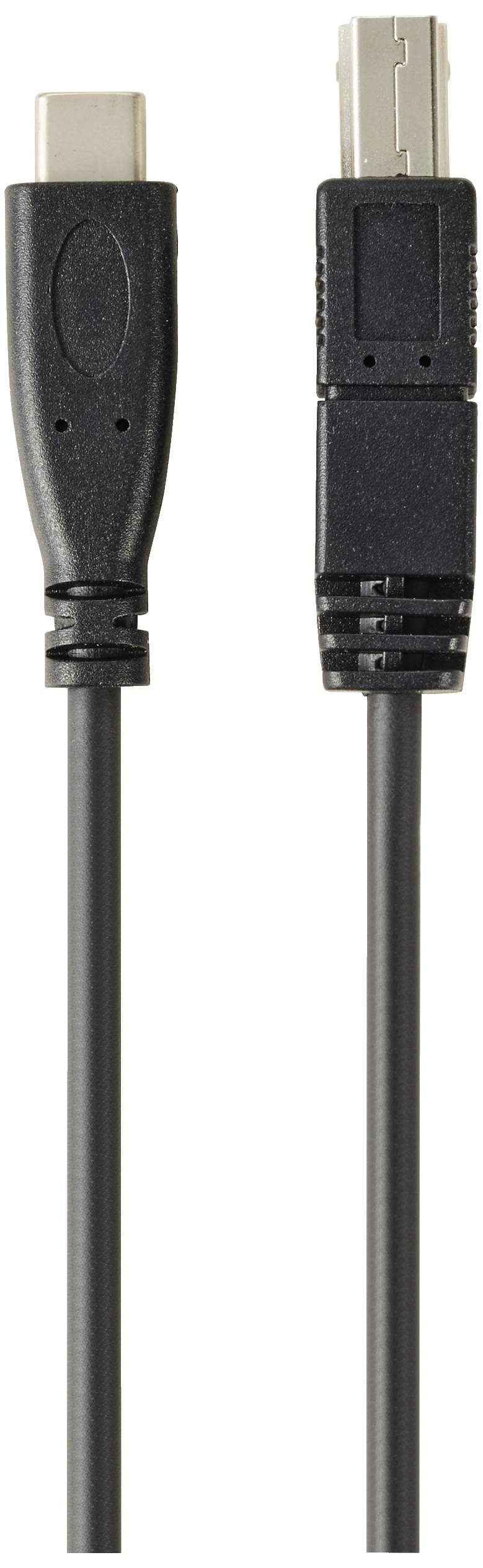 'USB-C-ról USB-B-re kábel, fekete, mindkét végén csatlakozóval.'