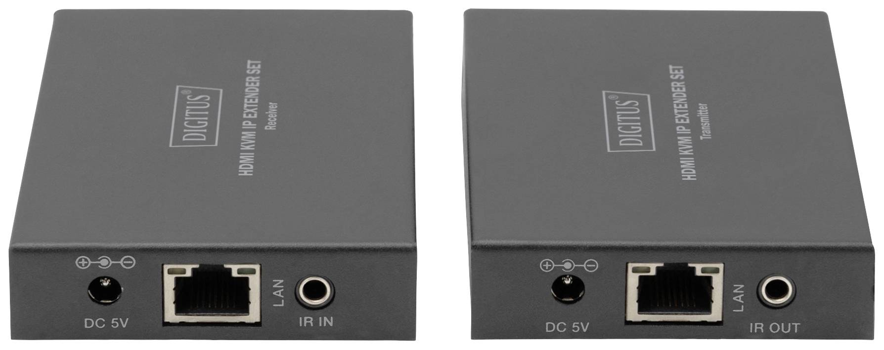 Két fekete HDMI / AV IP-elosztó DC 5V, LAN és IR csatlakozókkal. Baloldalon: 'IR BE', Jobboldalon: 'IR KI'.