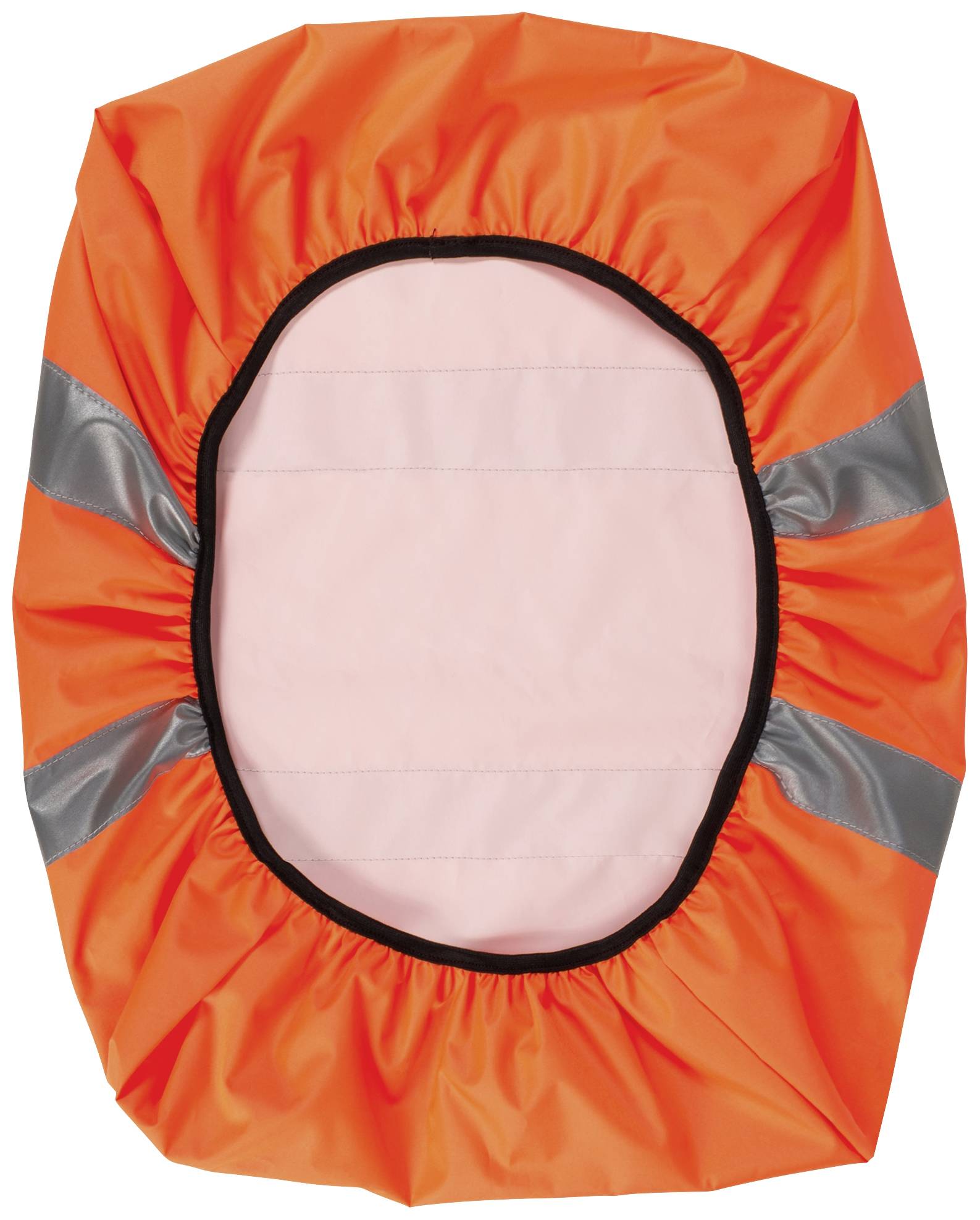 Egy élénk narancssárga biztonsági takaró fényvisszaverő csíkokkal és rugalmas szegéllyel, amely ráilleszkedik egy tárgyra.