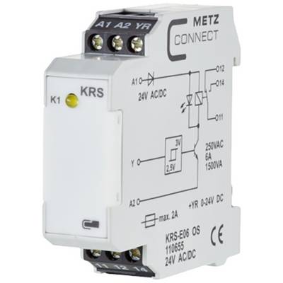 'METZ CONNECT relé modul, KRS', csatlakozásokat mutat technikai specifikációkkal: 110655, 24V AC/DC, max. 2A, 250VAC, 6A, 1500VA.