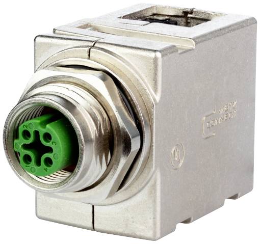 Egy négyszögletű, fémes csatlakozó zöld belső résszel, ipari vagy elektronikai alkalmazásokhoz tervezve.