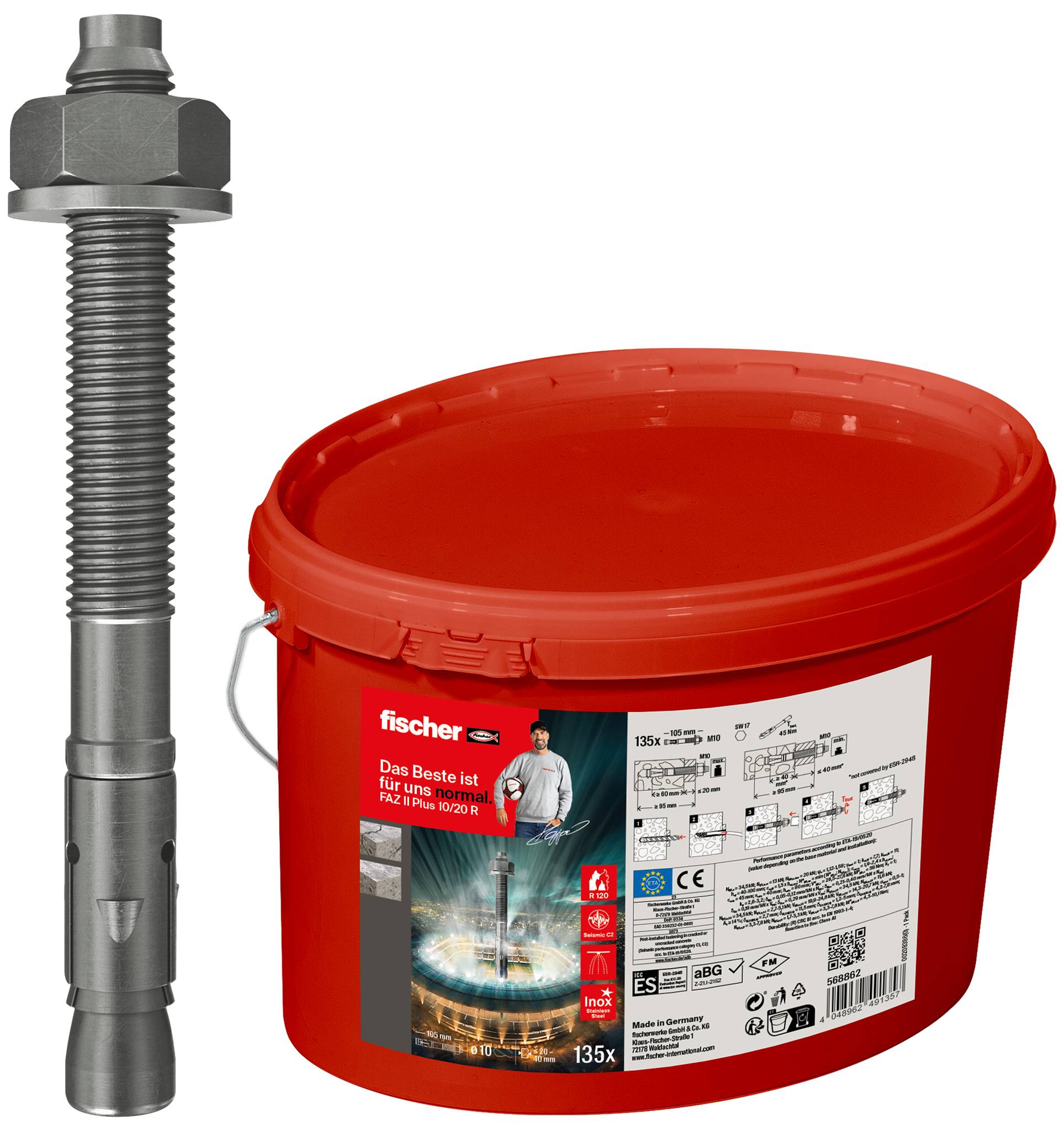 Fischer 568862 FAZ II Plus 10/20 R Eimer (135) Horgonycsap 105 mm 10 mm 135 db