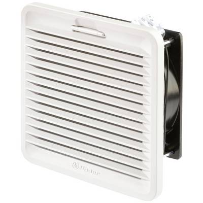 Egy fehér szellőztető ventilátor vízszintes lamellákkal, fekete alapra szerelve. Ipari hűtési alkalmazásokhoz megfelelő.