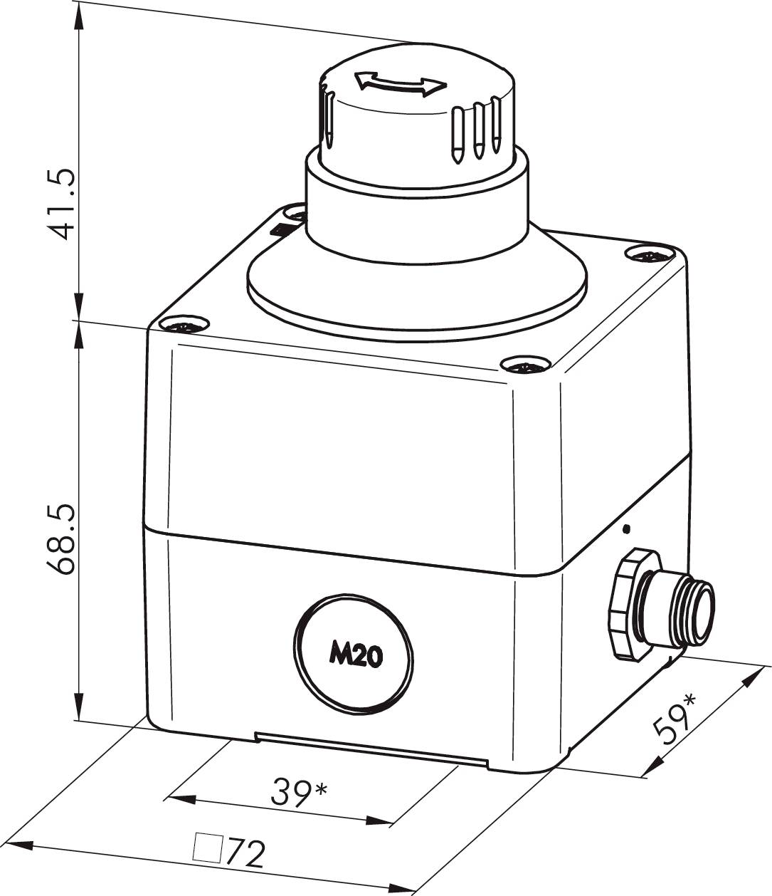 Műszaki rajz egy téglalap alakú eszközről forgógombbal felül. Méretei: magasság 68,5 mm, hosszúság 72 mm, szélesség 59 mm. M20-as csatlakozó.