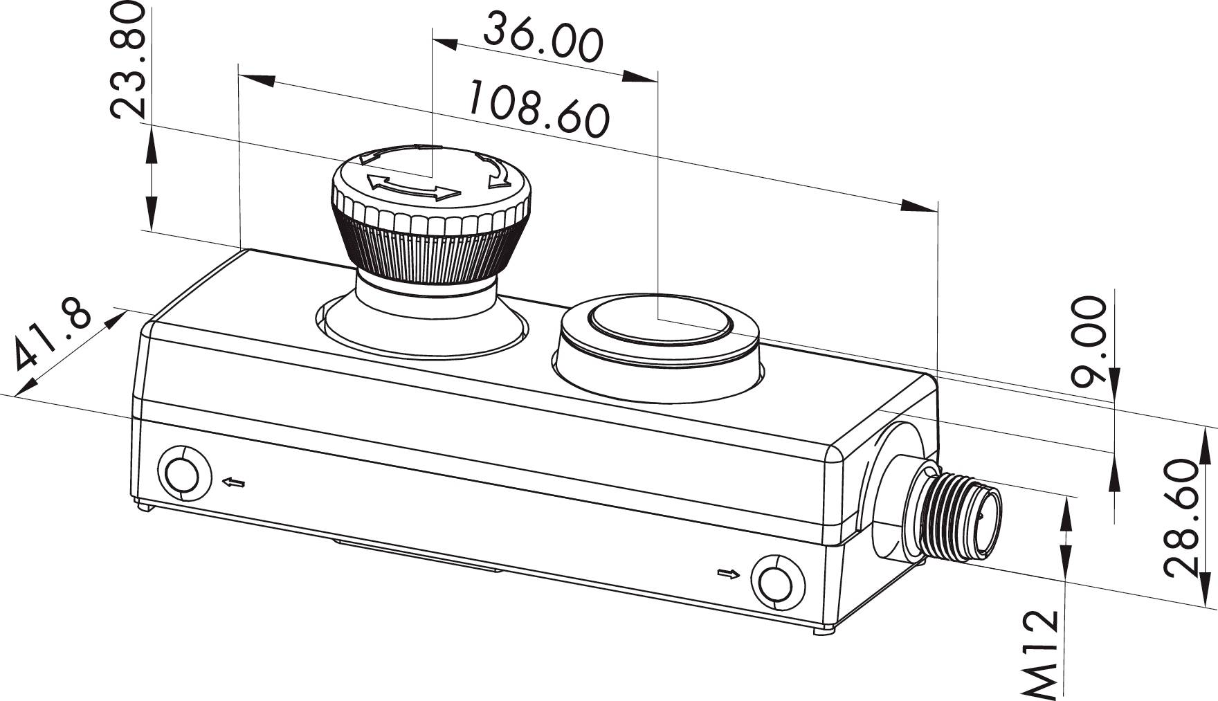 Műszaki rajz egy téglalap alakú eszközről forgógombbal és csatlakozókkal. Méretei: 108,60 mm szélesség, 41,80 mm magasság.