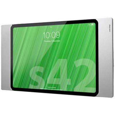 Egy modern tablet zöld képernyővel, amelyen az 'S42', az idő és a dátum látható. Elegáns, karcsú dizájnnal és ezüst kerettel.