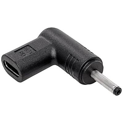 Egy fekete 90 fokos adapter USB-C aljzattal és kerek csatlakozóval.