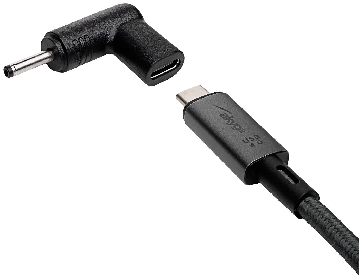USB 4.0-kábel műanyag burkolattal és L-alakú csatlakozóval. Alkalmas nagy sebességű adatátvitelre.