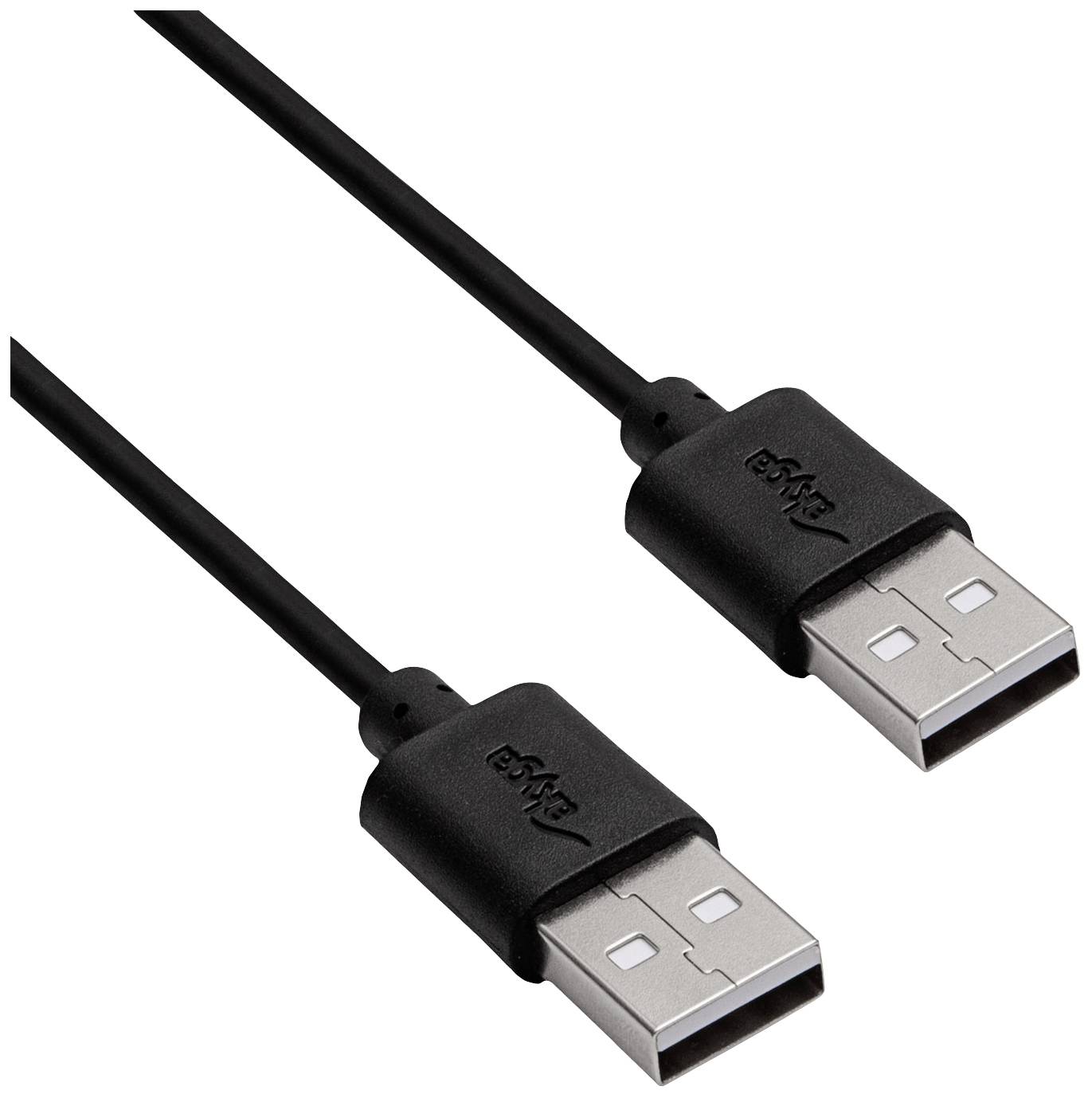 Fekete USB-kábel két csatlakozóval, adatátvitelre és töltésre alkalmas. Mindkét végén a klasszikus USB-A típusú csatlakozó található.