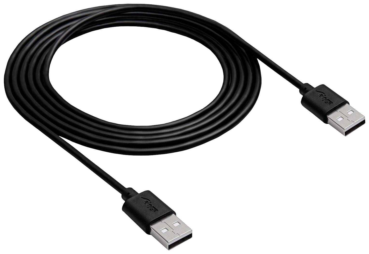 Egy hosszú fekete USB-kábel USB-A csatlakozókkal mindkét végén adatátvitelhez vagy eszköztöltéshez.