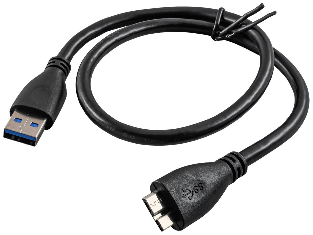 Egy fekete USB 3.0-s kábel szabvány és micro-B csatlakozókkal, amely alkalmas gyors adatátvitelre és eszközök töltésére.