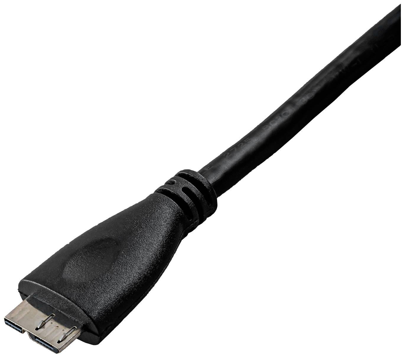 Egy fekete USB-kábel micro-USB csatlakozóval. A csatlakozó lefelé jobbra mutat, és egy fekete kábel kíséri.