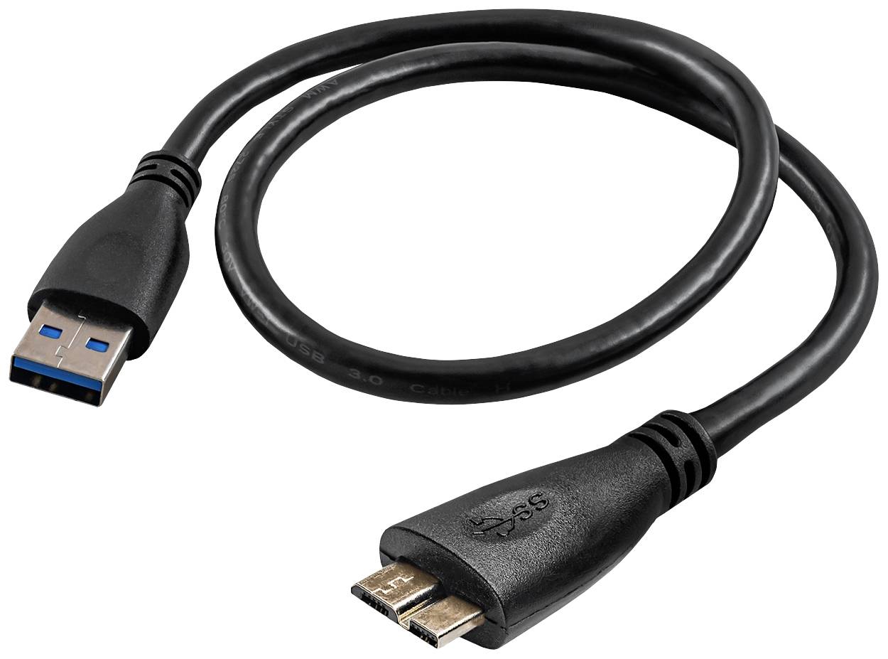 USB 3.0-kábel A típusú és Micro-B csatlakozóval. Fekete kábel gyors adatátvitelhez. Alkalmas külső merevlemezekhez.
