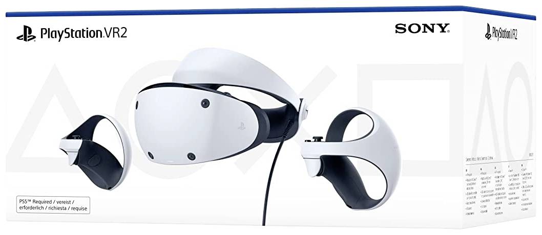 PlayStation VR2-doboz fehér VR-fejhallgatóval és két kontrollerrel, Sony-logó a jobb felső sarokban.