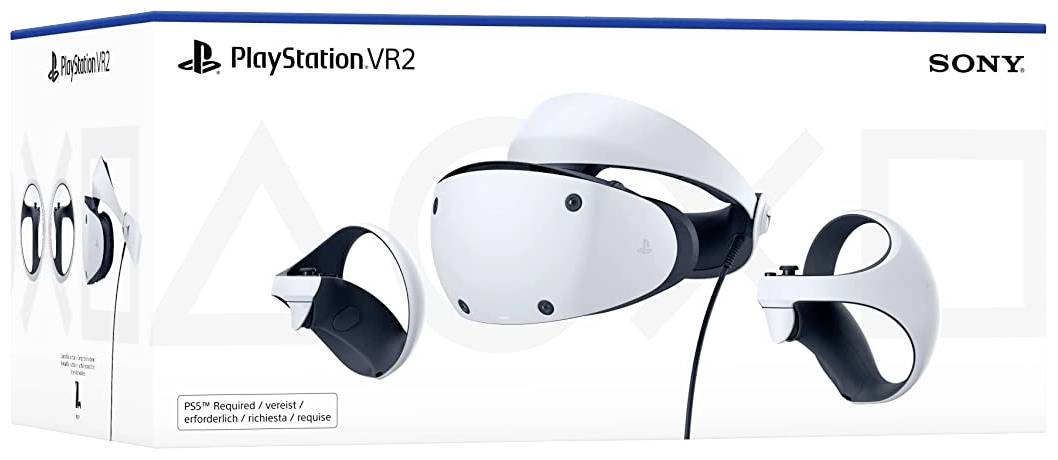 PlayStation VR2-doboz logóval, fehér VR-headset és kontrollerek képével. Megjegyzés, hogy 'PS5 szükséges' több nyelven.