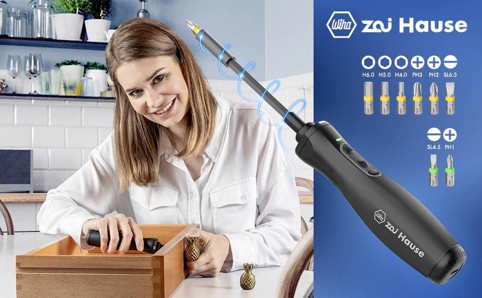 A nő egy elektromos csavarhúzót használ, amely különböző cserélhető bit-méreteket kínál. Szöveg: 'Wiha otthon'.