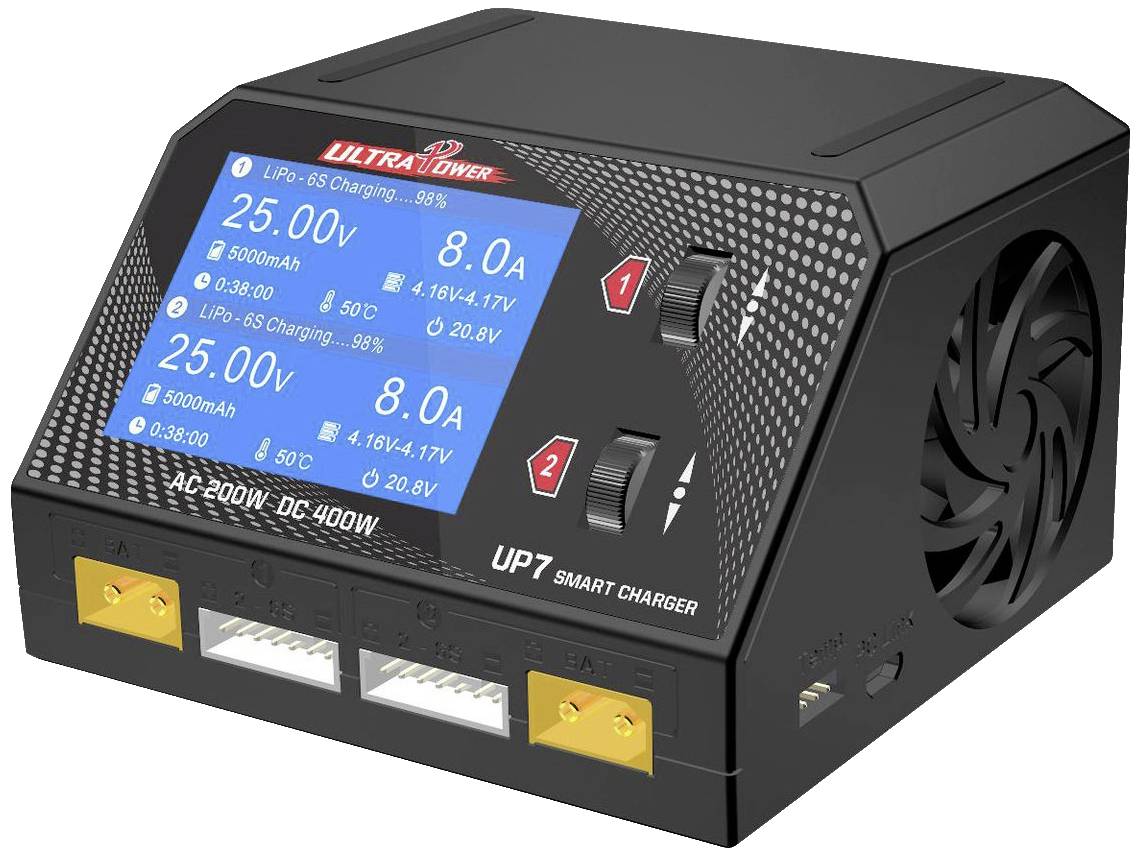 Fekete töltő két digitális kijelzővel, amelyek két külön csatorna töltési adatait mutatják. Ventilátor az oldalán.
