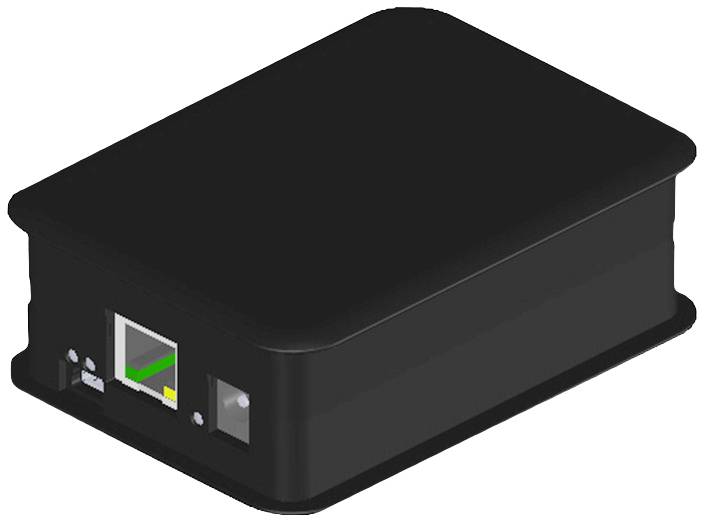Egy fekete elektronikus eszköz Ethernet-csatlakozóval és egy apró fényjelzővel, amely valószínűleg hálózati eszköz.