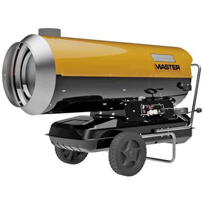Egy mobil fűtőventilátor narancssárga burkolattal, fekete-ezüst házban, két kerékkel, építési területekre vagy nagy terekbe alkalmas.