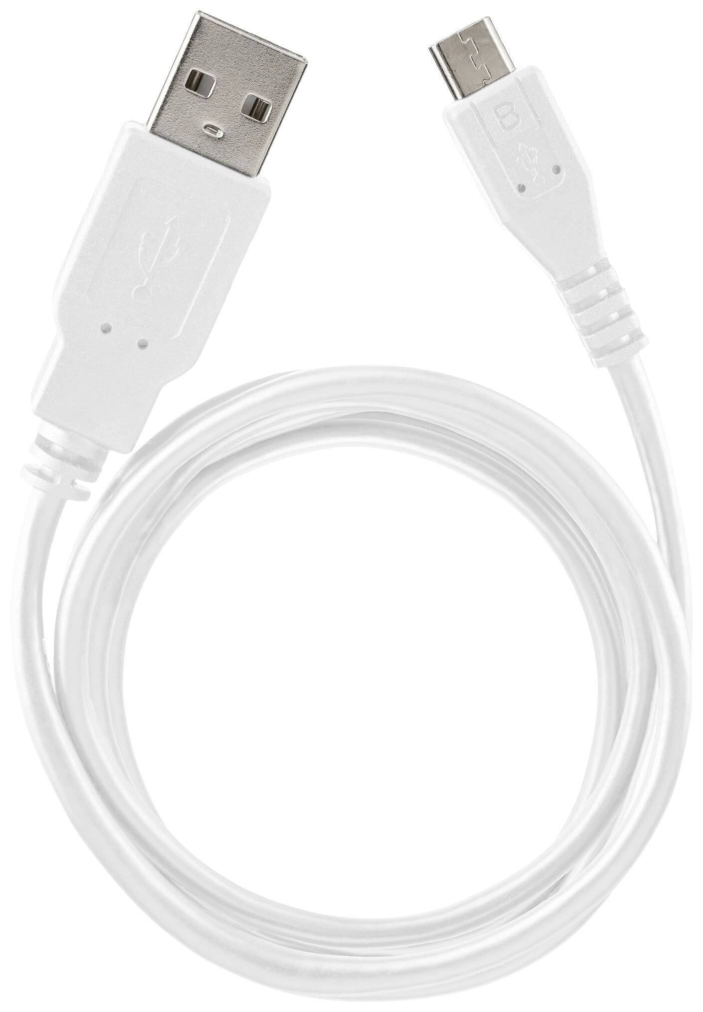 Egy fehér USB-ről micro-USB-re átalakító kábel, körülbelül egy méter hosszú, alkalmas töltésre és adatátvitelre.