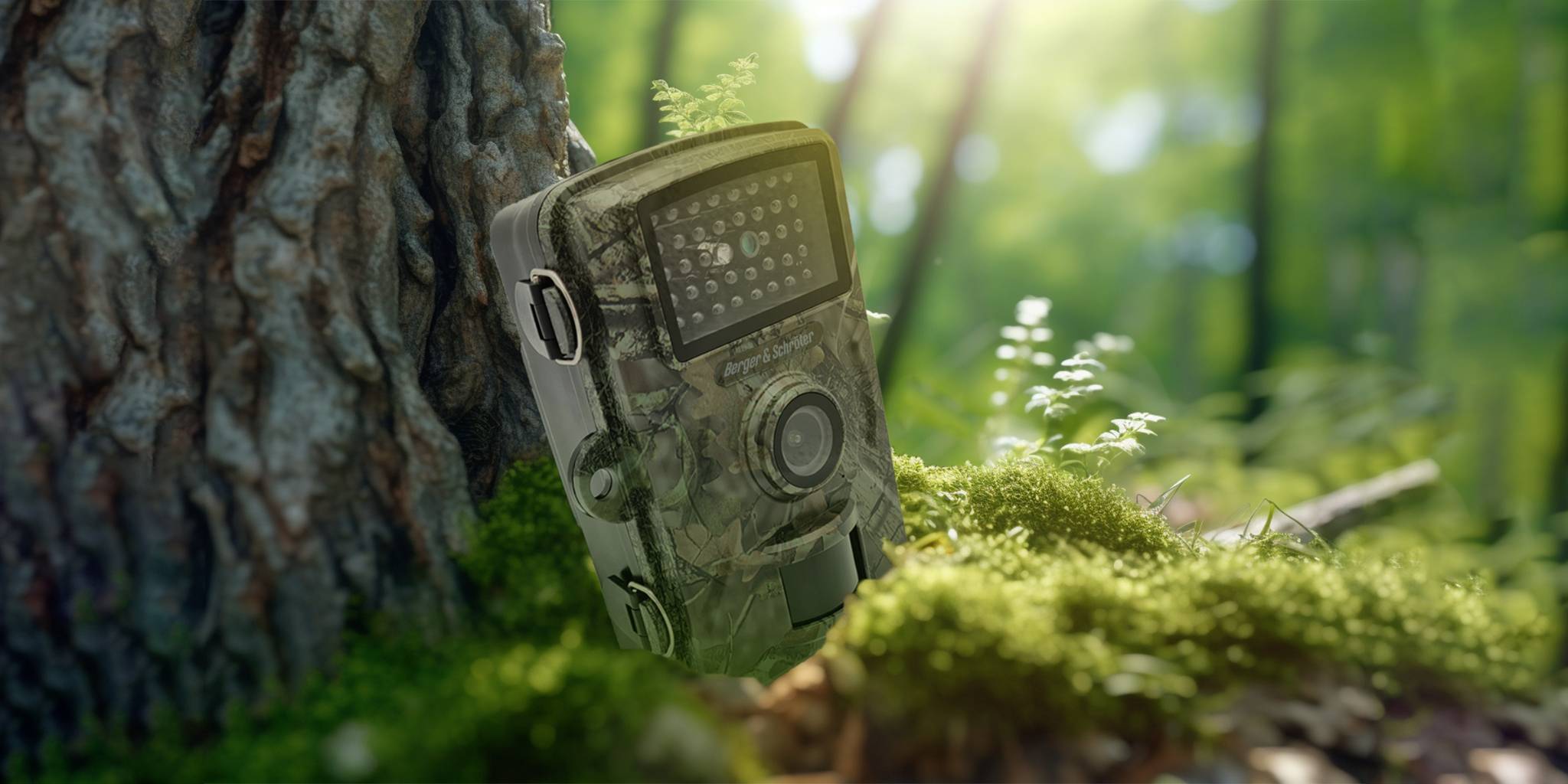 Álcázott vadkamera áll egy fa törzsének támaszkodva az erdőben, mohával körülvéve, napsütésben.