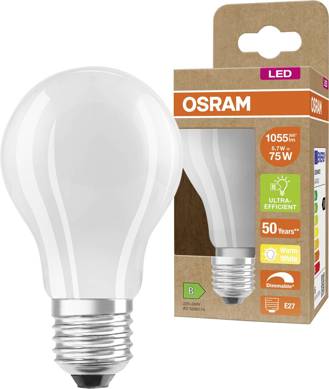 OSRAM LED-es fényforrás és kereskedelmi doboz, amely egy 6,7W 75W-nak megfelelő meleg fehér, dimmezhető E27-es foglalatos fényforrást mutat, magas hatékonysággal és 50 év élettartamra vonatkozó garanciával.