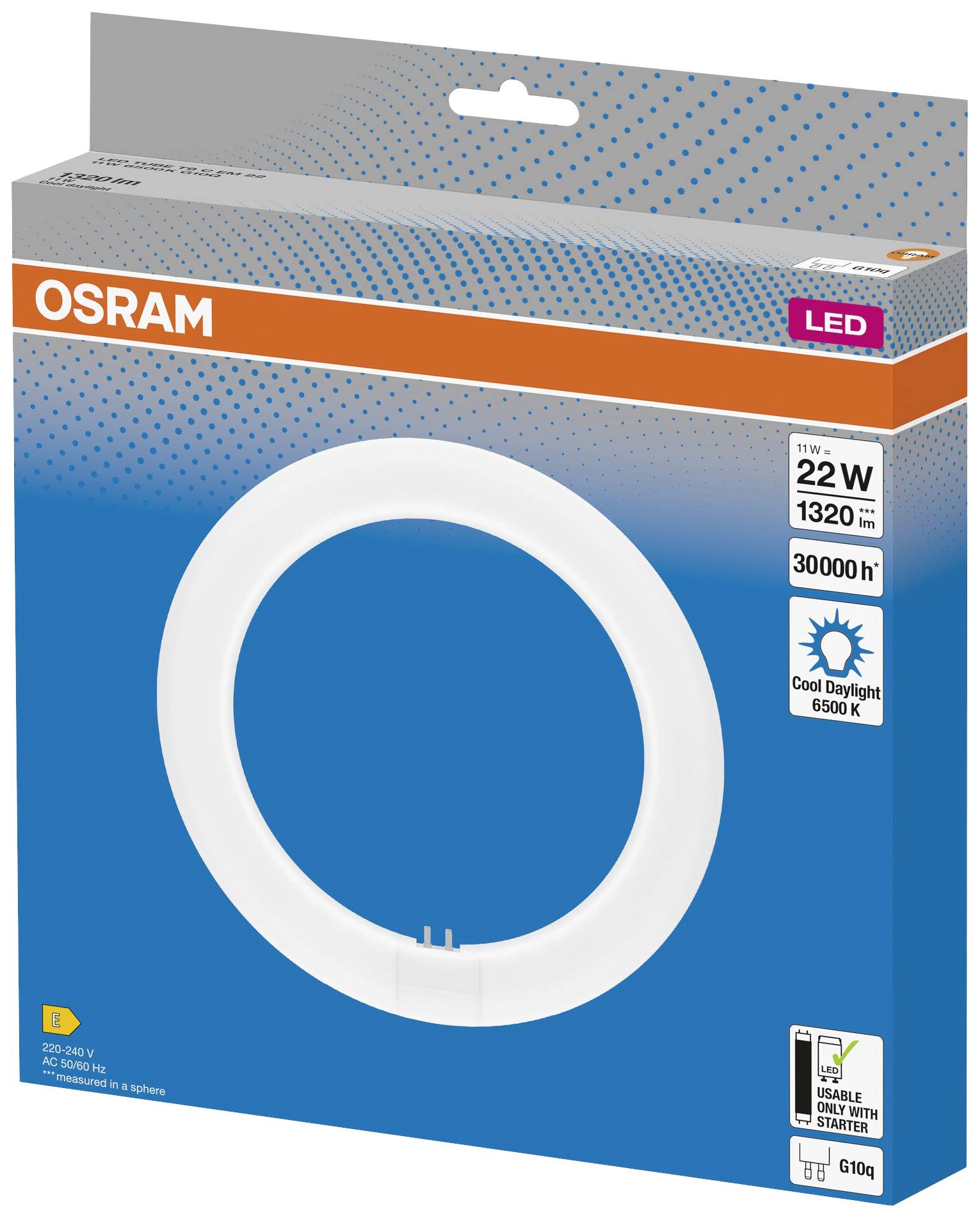 Osram LED gyűrűs formavilágítás csomagolásban. 22W, 1320 lumen, 6500K, 30000 óra élettartam. Energiatakarékos, kék csomagolás.