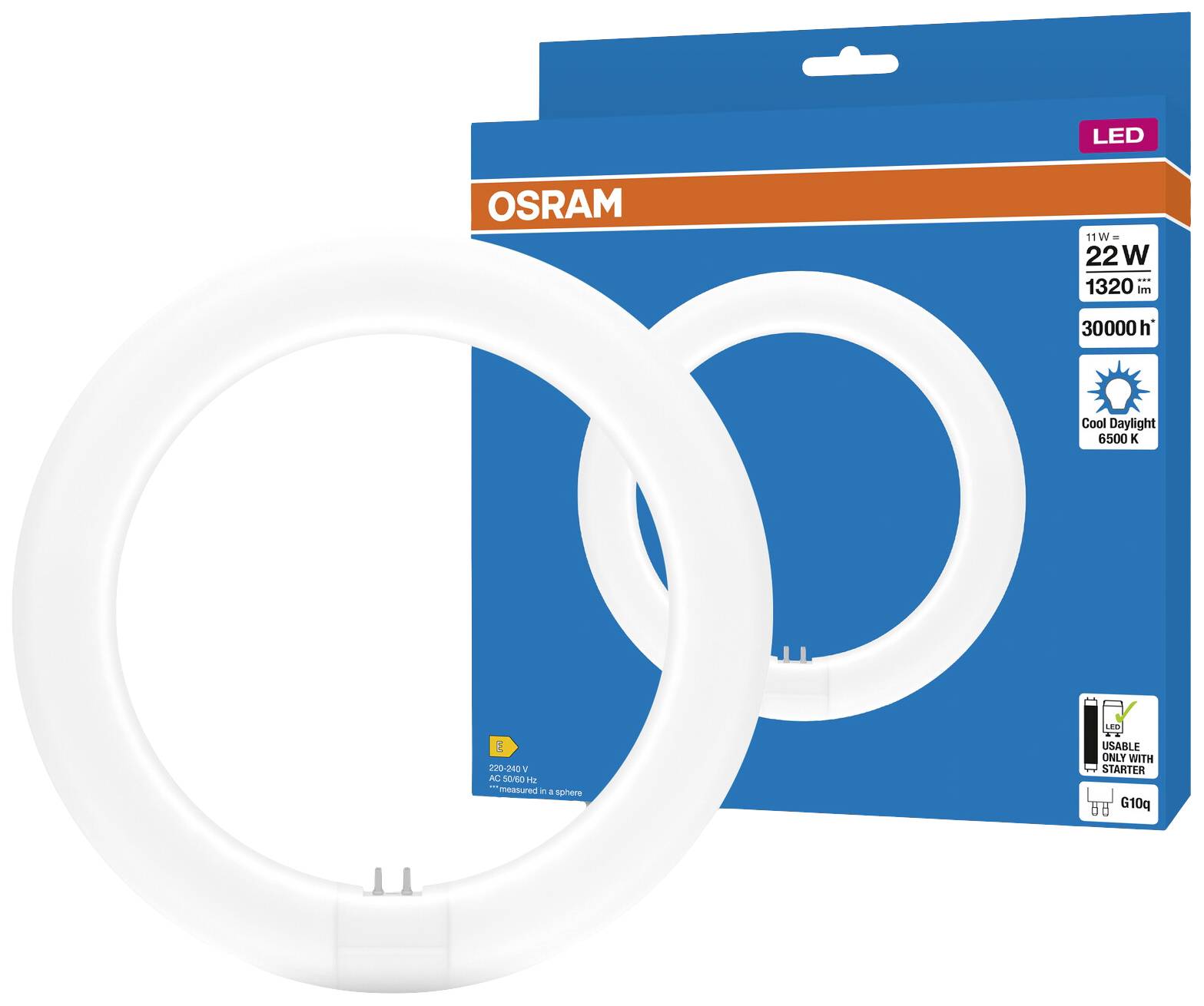 Egy kerek OSRAM LED-lámpa 22 watttal. A csomagolás műszaki részleteket mutat: 1320 lumen, 30000 óra élettartam, fényszín 'Hideg nappali fény' 6500 K.