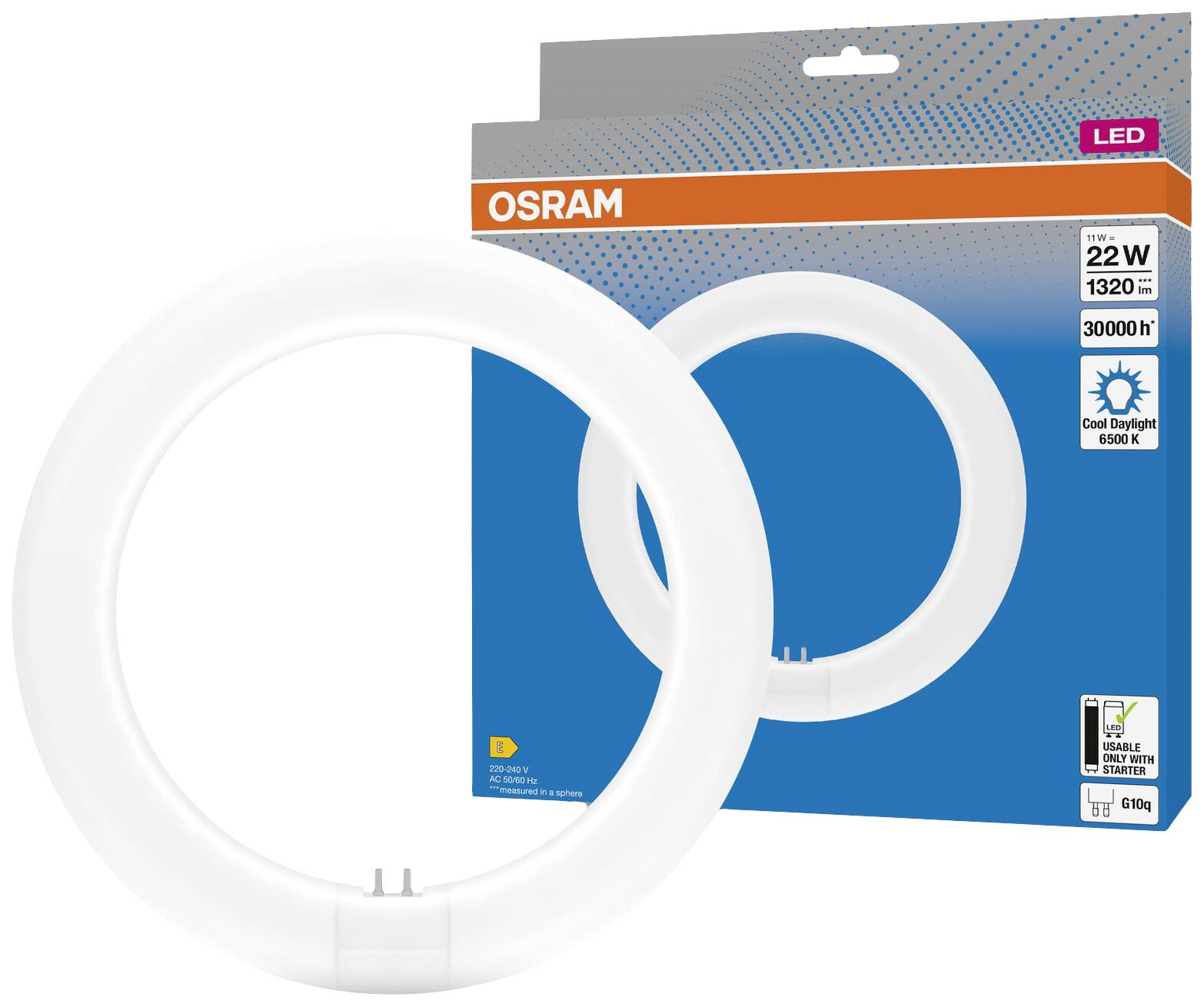 Osram LED-lámpa gyűrű alakban. A csomagolás 'Cool Daylight' felirattal, 6500K, 22W, 1320 lm és 30.000 óra élettartam jelzéssel.