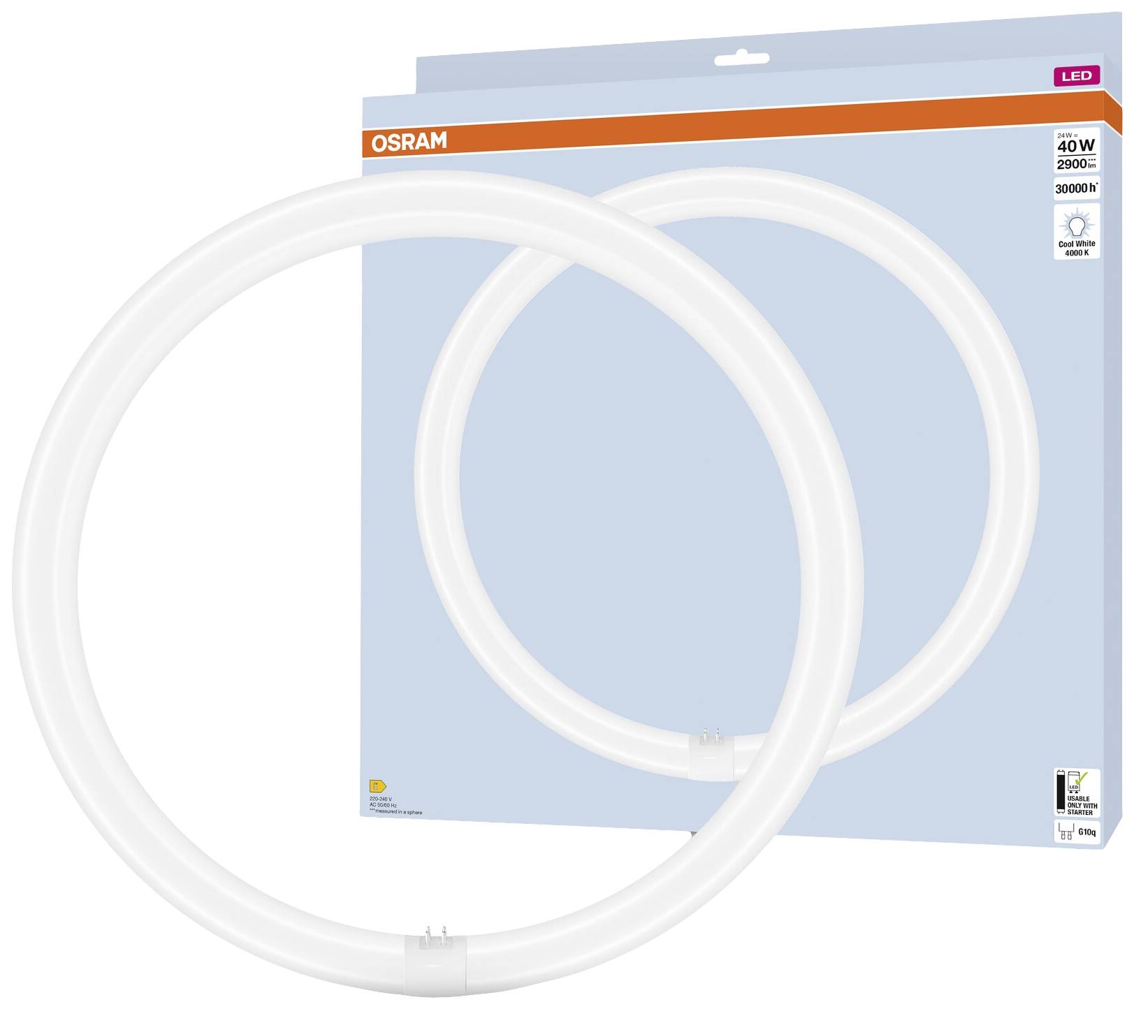 Két kerek, fehér Osram LED-fénycső kék háttér előtt. 40 W, 2200 lumen, 3000 K, energiatakarékos világítás.
