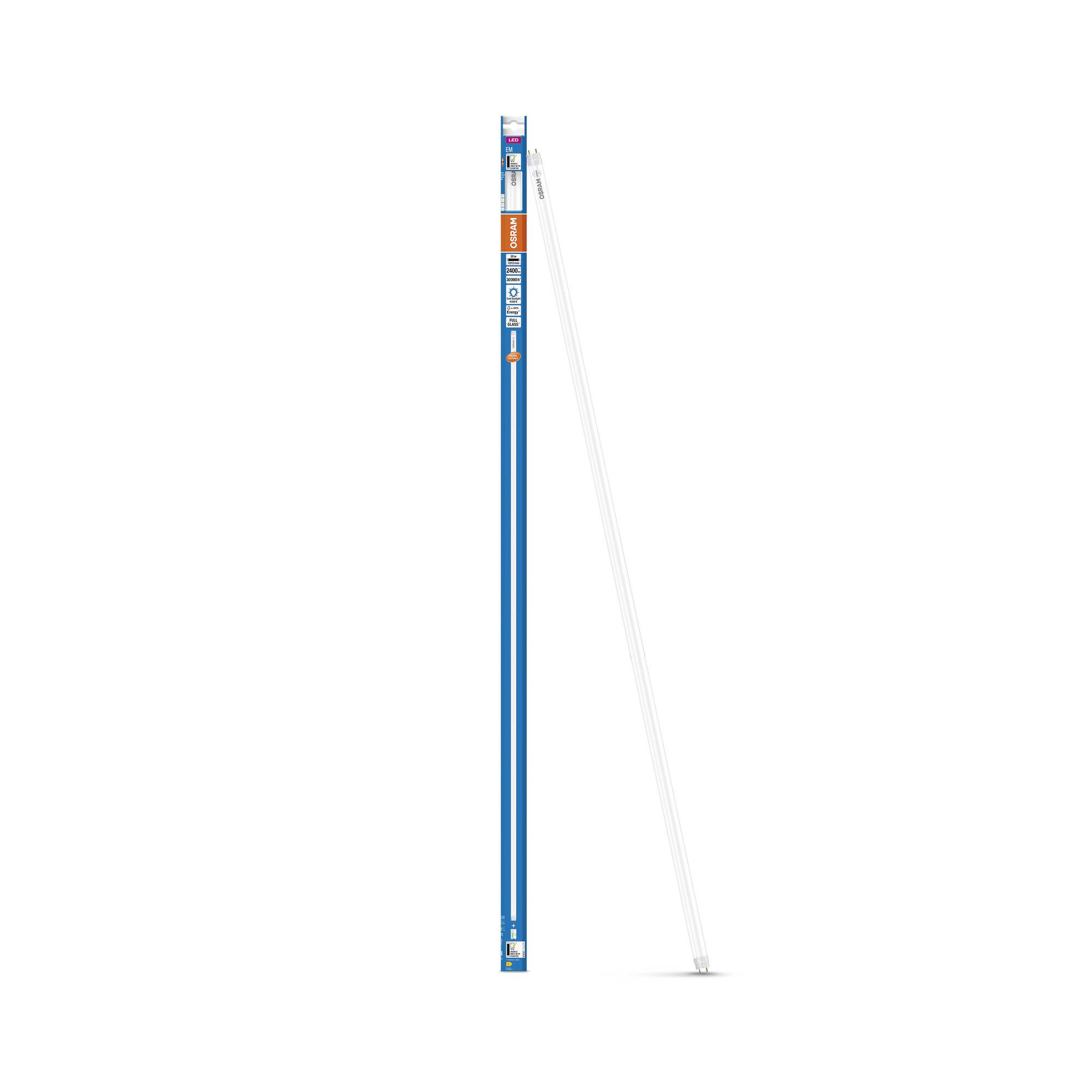 Egy hosszú, karcsú fénycső, kék csomagolásban, 'Fluorescent Lamp' felirattal. Alkalmas térvilágításra.