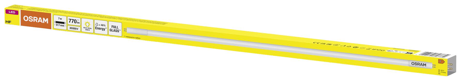 Egy Osram márkájú LED-fénycső sárga csomagolása, 120 cm hosszú, energiatakarékossági tanácsok és műszaki specifikációk nyomtatva a csomagolásra.