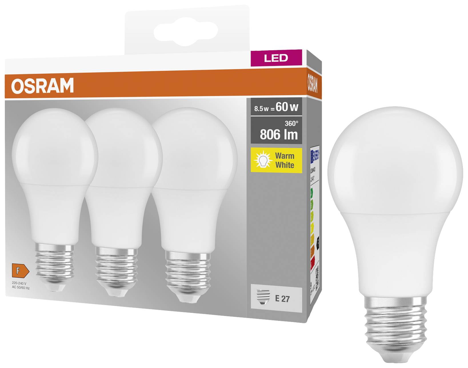 'Hármas csomag OSRAM LED-izzók, 806 lumen, melegfehér, F energiaosztály, E27-es foglalat. Csomag és egy darab izzó látható.'