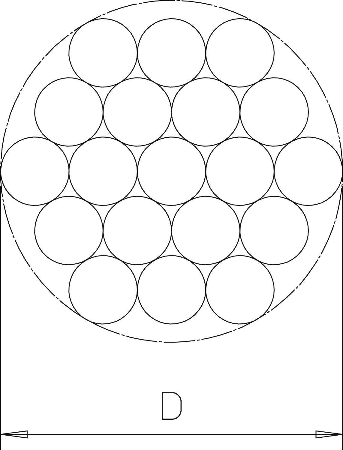 A diagram shows a cross-section of a cable with 19 individual wires arranged in a circle. Below, 'D' is marked as the total diameter.