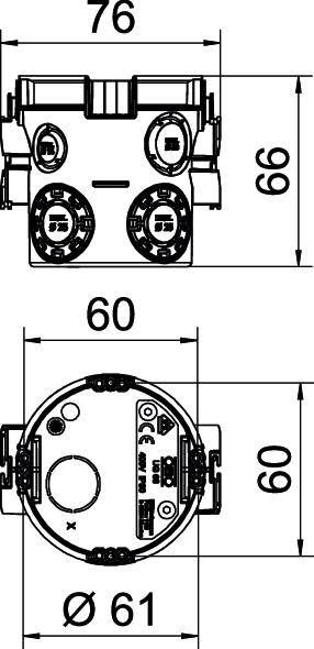Műszaki rajz egy kerek eszközről, 60 mm és 76 mm méretekkel. Csatlakozókat és szimbólumokat mutat, a specifikációkra fókuszálva.