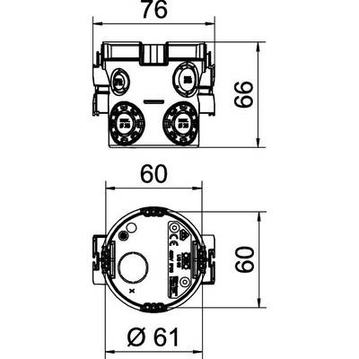 Műszaki rajz egy kerek eszközről, 60 mm és 76 mm méretekkel. Csatlakozókat és szimbólumokat mutat, a specifikációkra fókuszálva.