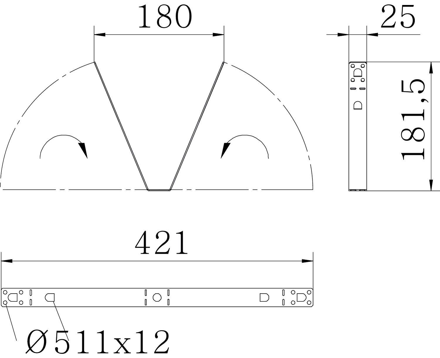 Műszaki rajz egy tartóról méretmegadással milliméterben. Fő méretek: 180, 25, 421, 181,5. Átmérő: Ø511x12.