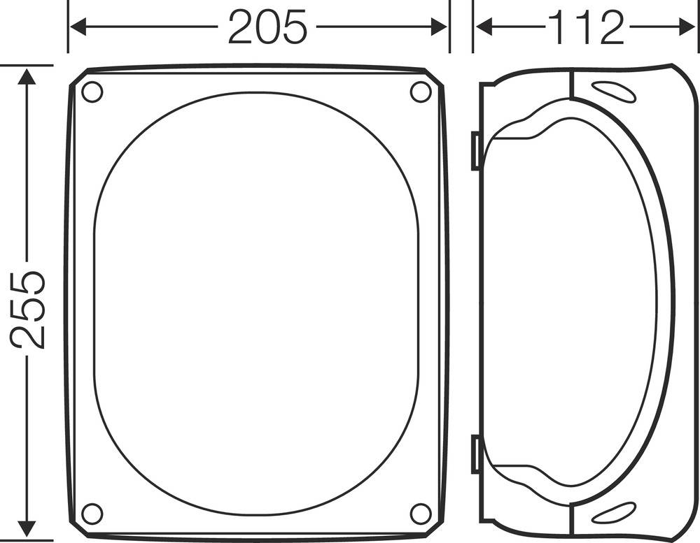 Műszaki rajz egy téglalap alakú dobozról. Méretei: 205 mm szélesség, 255 mm magasság, 112 mm mélység. Doboz lekerekített sarkokkal.