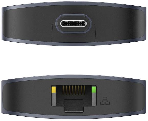Két nézet egy adapterről: felül egy USB-C-csatlakozó, alul egy Ethernet-csatlakozó LED-kijelzőkkel.