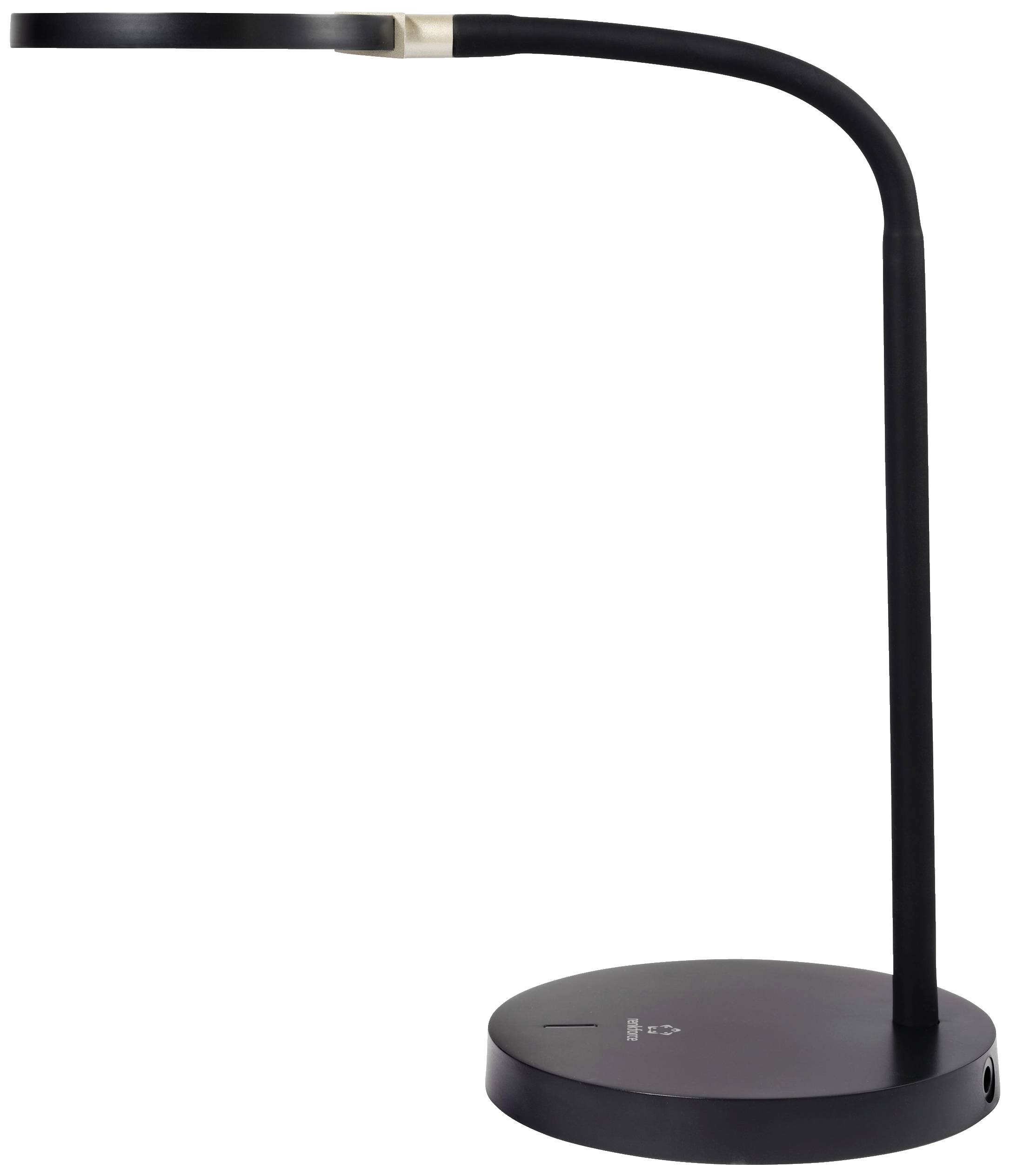 Fekete, modern LED-asztali lámpa kerek talapzattal, íves nyakkal és lapos lámpafejjel, kikapcsolt állapotban.