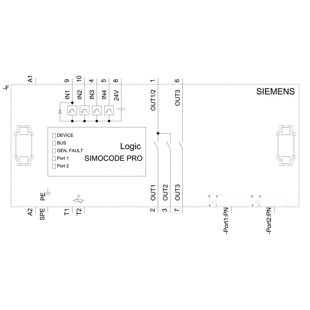'A Siemens SIMOCODE PRO modul diagramja feliratozva: IN1-től IN5-ig, OUT1-től OUT3-ig, logikai terület, portok csatlakozási pontjai.'