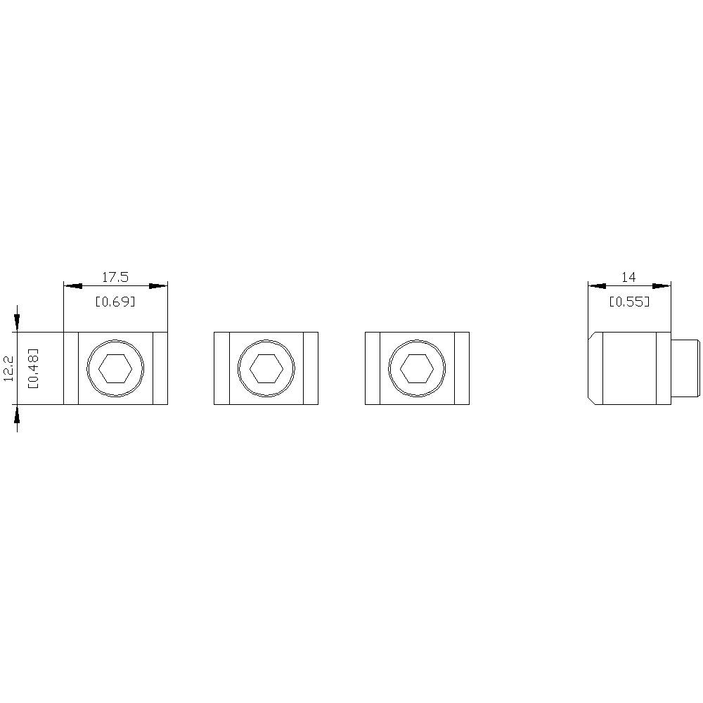 Műszaki rajz egy csavaranyáról négy nézetben: elölnézet, két oldalnézet és felülnézet. Méretek milliméteres léptékben megadva.