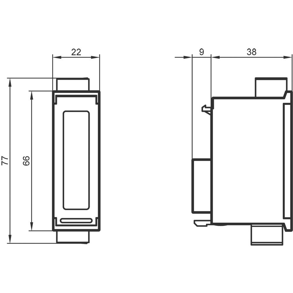 Műszaki rajz egy téglalap alakú alkatrészről 22 x 38 x 77 mm méretekkel. Oldal- és elölnézet jelölésekkel.