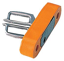 Egy narancssárga, téglalap alakú kiegészítő fém csatokkal és fekete részletekkel, amely valószínűleg hevederek rögzítésére szolgál.