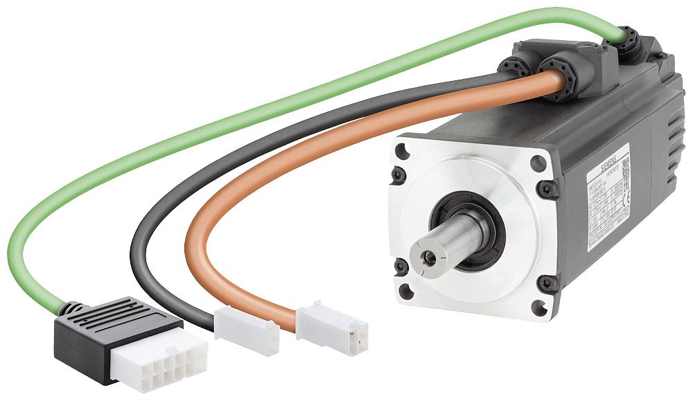Egy elektromos szervomotor csatlakoztatott áram- és adatátviteli kábelekkel. Műszaki csatlakozásokat és szerkezetet mutat.