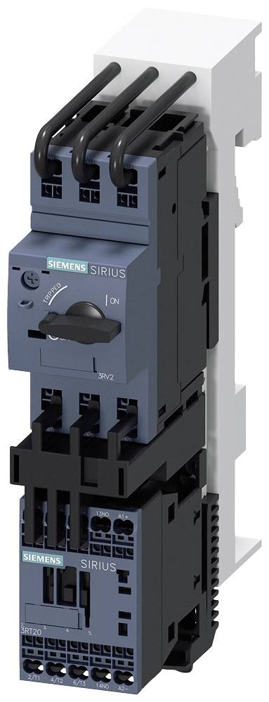 Egy Siemens SIRIUS kontaktor, DIN-sínre szerelve, csatlakozókkal és kapcsolóval elektromos vezérlési alkalmazásokhoz.