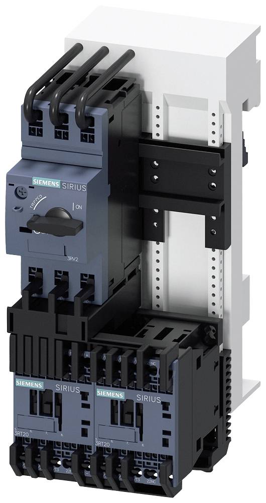 Egy Siemens elektromos kontaktor, Sirius modell, sínre szerelve, felülről mutatva a kapcsolókat és a huzalozást.