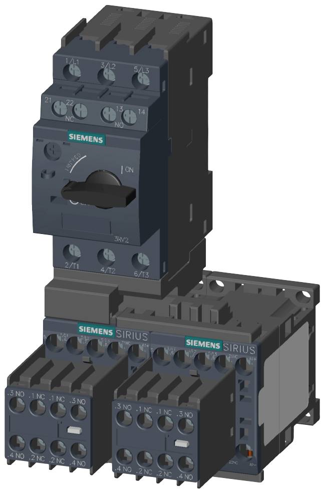 Egy Siemens gyártmányú elektromos teljesítménymegszakító két csatlakoztatott kontaktorral. Ipari alkalmazásokhoz alkalmas áramkörök vezérlésére.