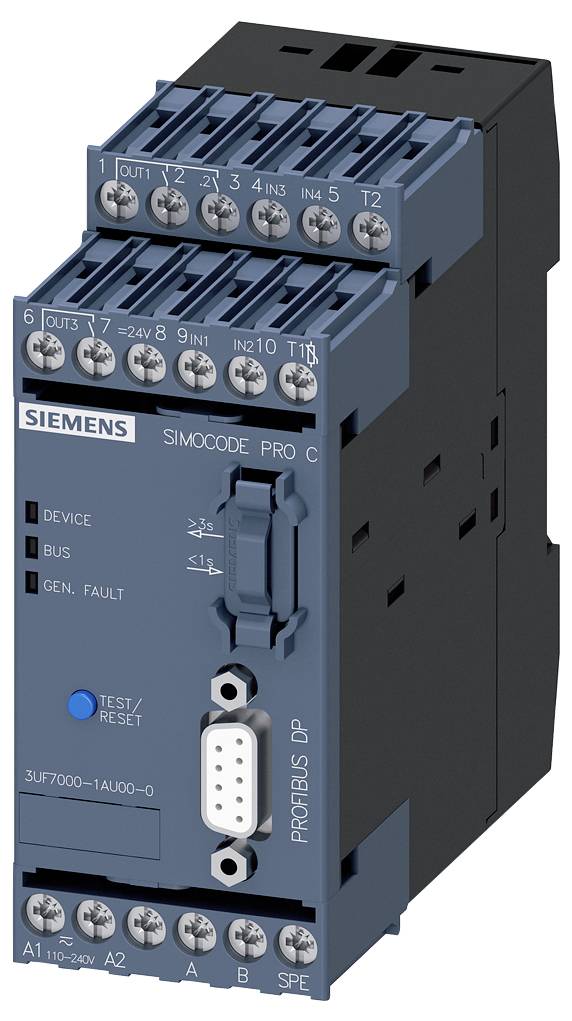 Egy kék elektromos kapcsolószekrény több csatlakozással és egy nyomógombbal. 'SIEMENS' és 'SIMOCODE PRO C' felirattal.